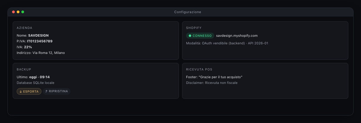 Gestionale SAVDESIGN — pannello di configurazione